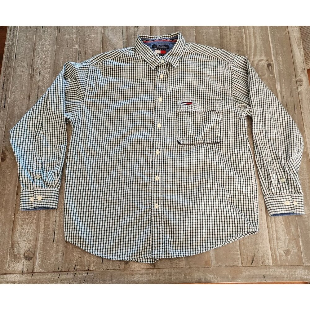 Tommy Jeans Mens Green & White Plaid Long Sleeve Button-Down Shirt XL Cotton